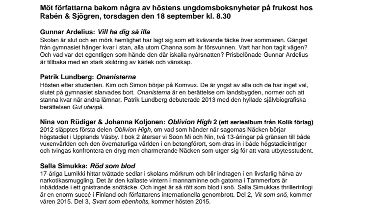 Rabén & Sjögren och Kolik Förlag bjuder på ungdomsboksfrukost den 18 september 