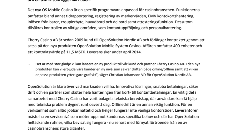 OpenSolution får förnyat förtroende av Cherry Casino