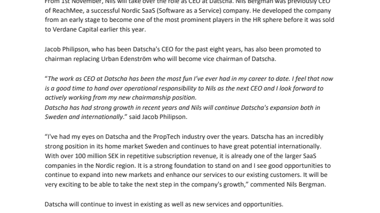 Datscha appoints new CEO and announces Chairman position