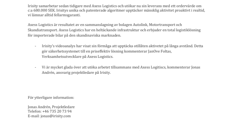 Axess Logistics utökar sin investering i intelligent kamerabevakning