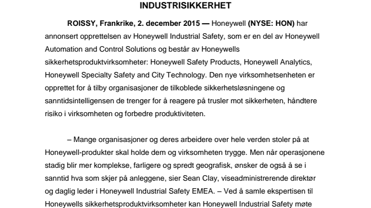 Honeywell oppretter ny virksomhetsenhet for industrisikkerhet