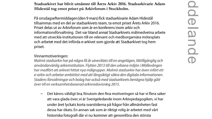Stadsarkivet tog hem priset Årets Arkiv 2016