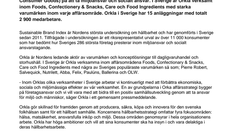 Orkla utses till bäst i branschen på hållbarhet av svenska konsumenter