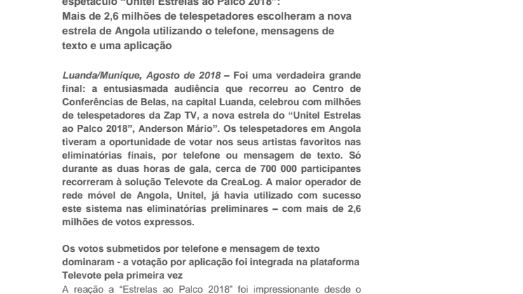 A CreaLog Televote, celebra o seu enorme sucesso com o espetáculo “Unitel Estrelas ao Palco 2018”