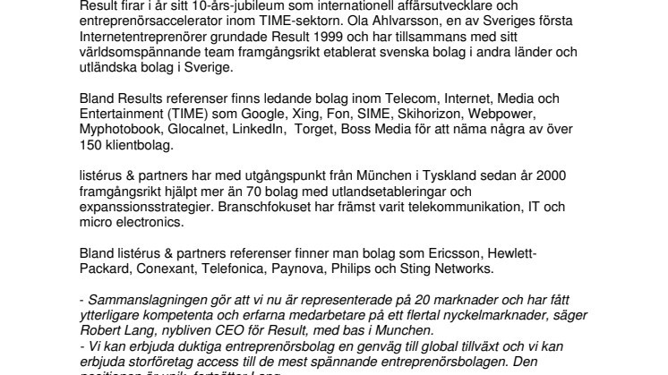 Result och listérus & partners slås samman