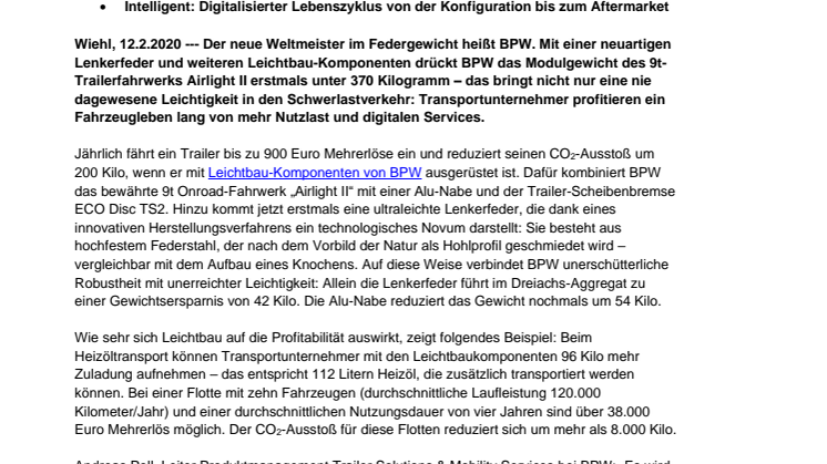 Mehr Nutzlast, weniger Verbrauch: BPW liefert leichtestes Trailerfahrwerk aller Zeiten für supereffizienten Transport