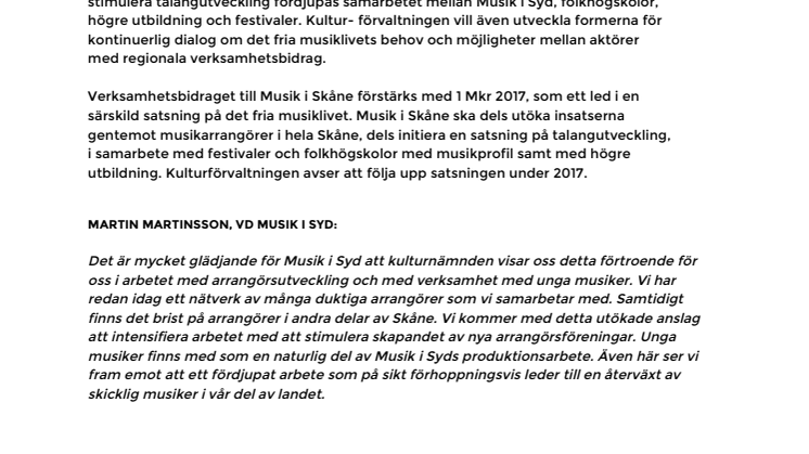 Utökat anslag och nya uppdrag till Musik i Syd