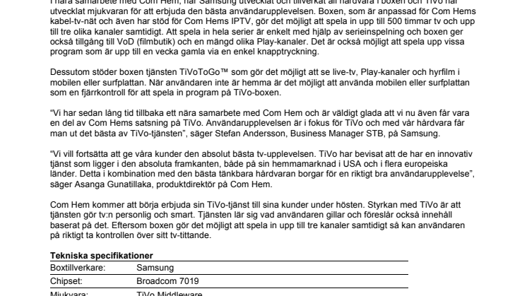 Samsung levererar TiVo®-box till Com Hem