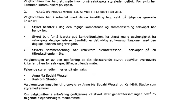 Valgkomiteens innstilling