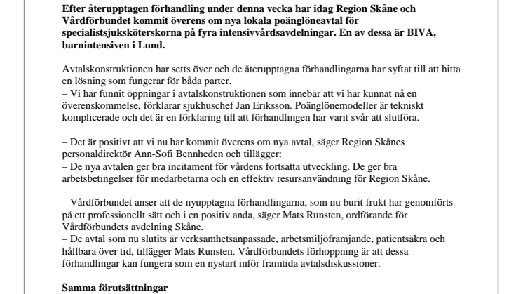 Region Skåne och Vårdförbundet överens om poänglöneavtal för specialistsjuksköterskor