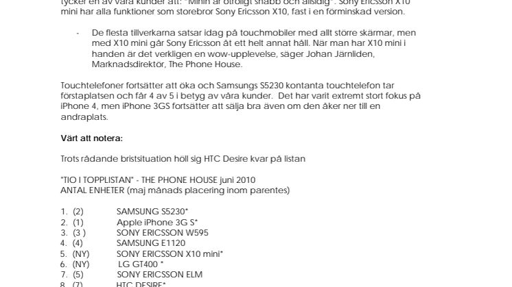 Topplistan: stark säljstart för Sony Ericsson X10 mini 