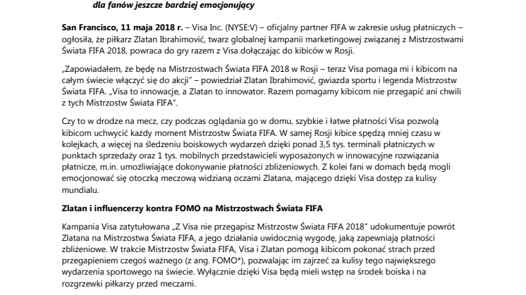 Visa szykuje powrót Zlatana Ibrahimovicia na Mistrzostwa Świata FIFA 2018 w Rosji
