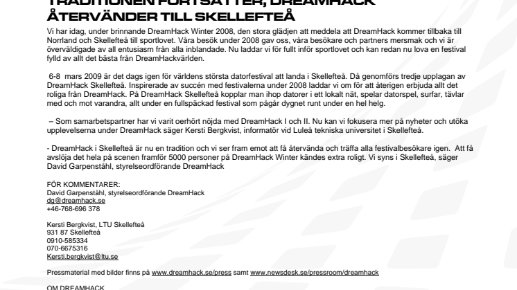 TRADITIONEN FORTSÄTTER, DREAMHACK ÅTERVÄNDER TILL SKELLEFTEÅ