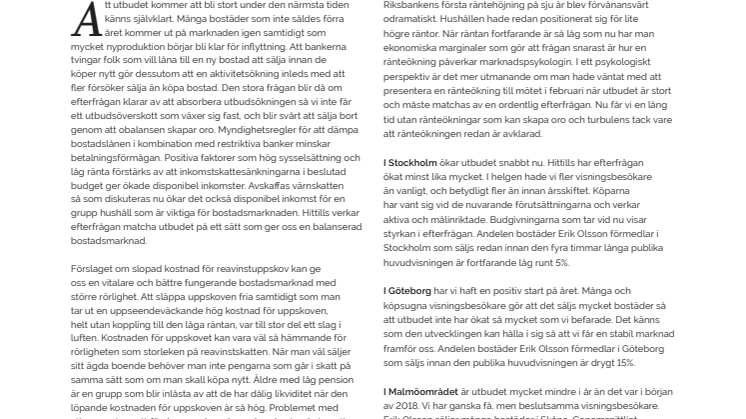 Erik Olsson Fastighetsförmedling kommenterar bostadsmarknaden 18 januari