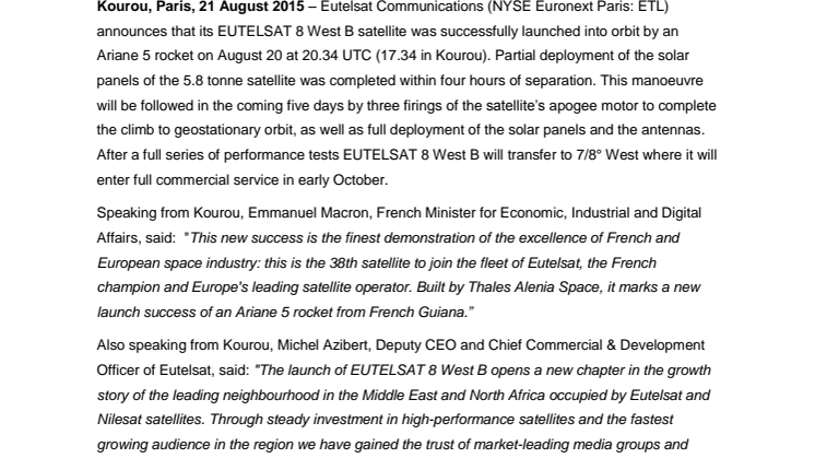 EUTELSAT 8 West B launch success