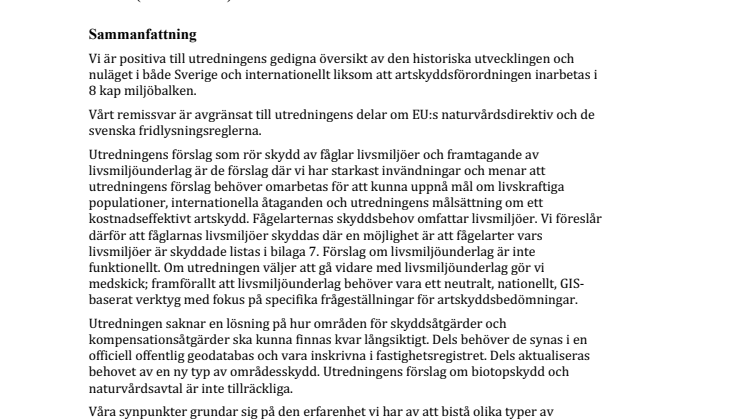 Artskydd - remissvar (Calluna, Ekologigruppen, Jakobi Sustainability, Naturcentrum)