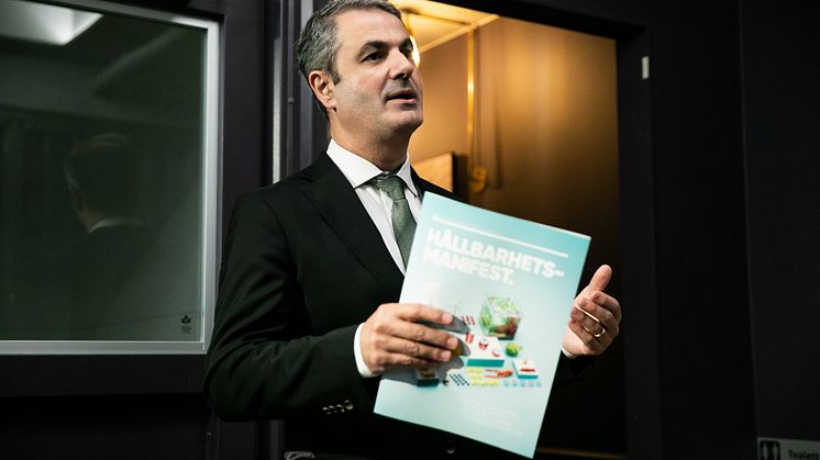 Näringsminister Ibrahim Baylan under lanseringen av Livsmedelsföretagens Hållbarhetsmanifest 2019