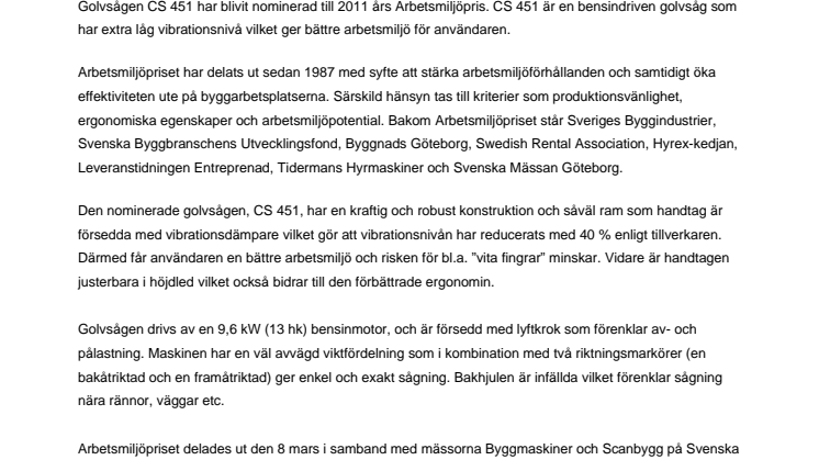 Golvsåg från Norton Clipper nominerad till Arbetsmiljöpriset 2011