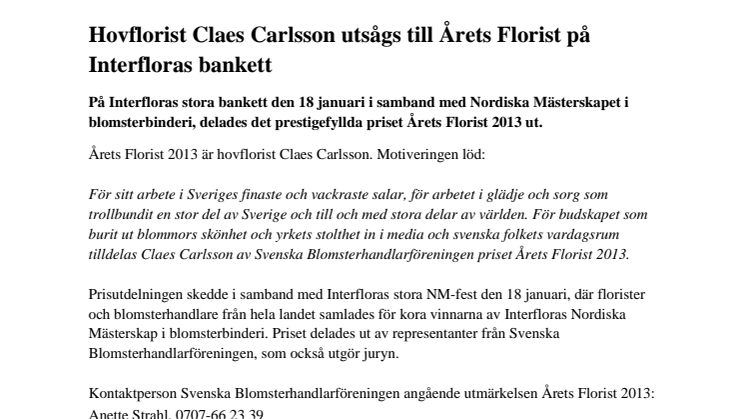 Hovflorist Claes Carlsson utsågs till Årets Florist på Interfloras bankett