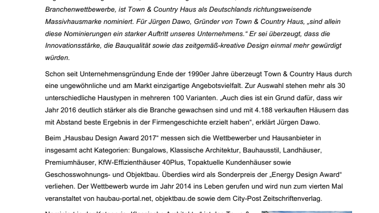 Hausbau Design Award 2017: Massivhäuser von Town & Country gleich in vier Kategorien nominiert