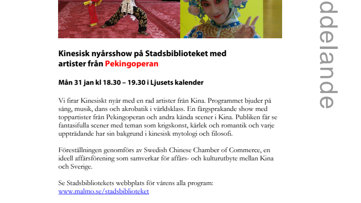 Kinesisk nyårsshow på Stadsbiblioteket med artister från Pekingoperan