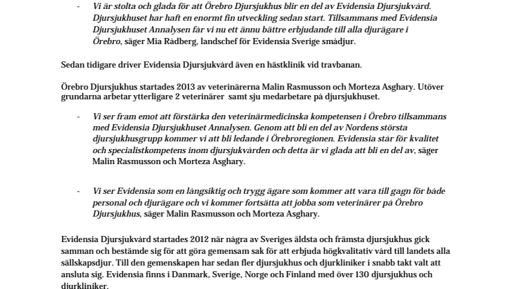 Evidensia Djursjukvård växer i Örebro  - förvärvar Örebro Djursjukhus 