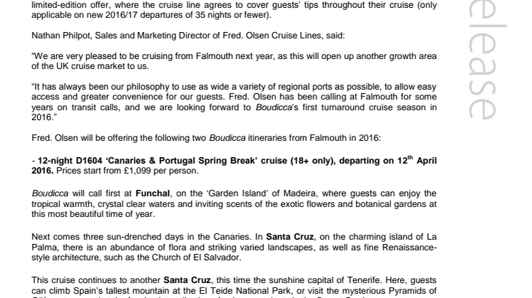 Set sail from Falmouth with Fred. Olsen Cruise Lines for the first time ever in Spring 2016