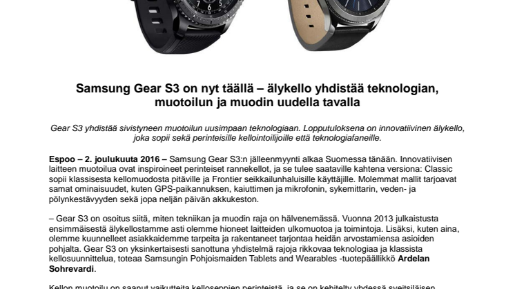 Samsung Gear S3 on nyt täällä – älykello yhdistää teknologian, muotoilun ja muodin uudella tavalla