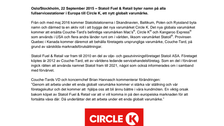 Statoil Fuel & Retails stationer byter namn till Circle K