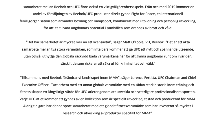 Reebok och MMA-jätten UFC® ingår långsiktigt partnerskap