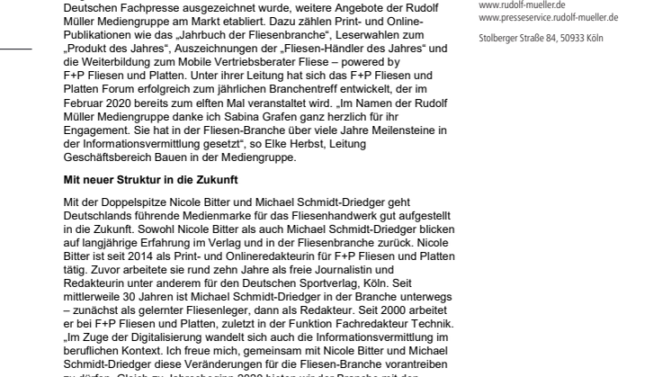Wechsel an der Spitze von F+P Fliesen und Platten