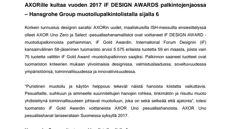 AXORille kultaa vuoden 2017 iF DESIGN AWARDS palkintojenjaossa  – Hansgrohe Group muotoilupalkintolistalla sijalla 6