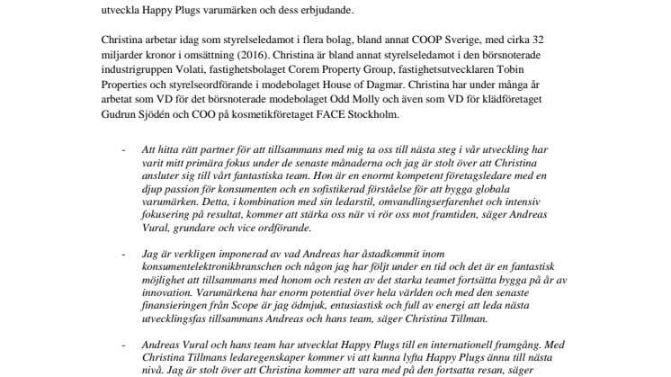 HAPPY PLUGS NAMES CHRISTINA TILLMAN AS CEO TO SUPPORT RAPID INTERNATIONAL EXPANSION
