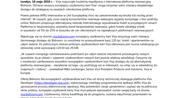 Europejscy użytkownicy kart Visa nocują taniej dzięki darmowemu dostępowi do Bidroom