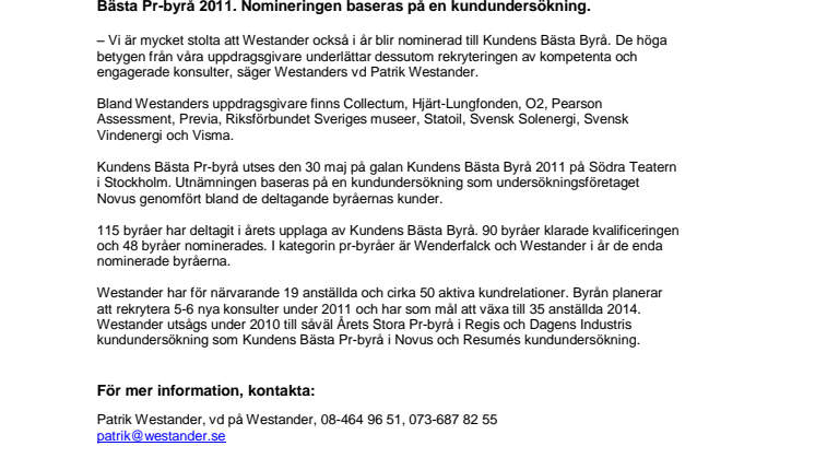 Westander nominerad till Kundens Bästa Byrå