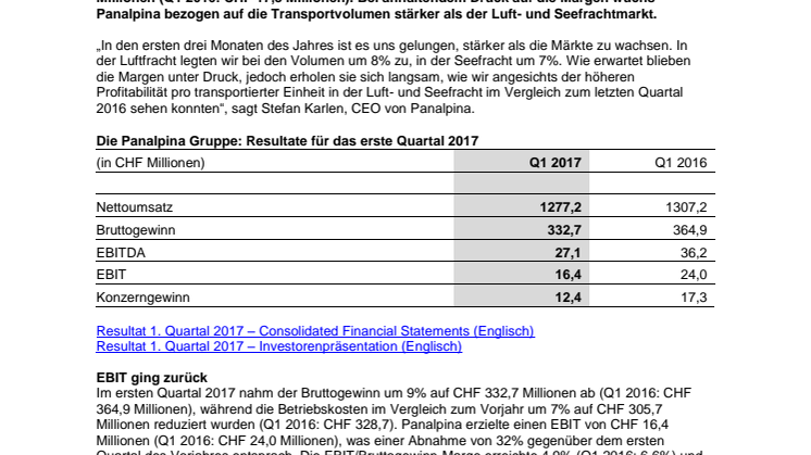 Panalpina mit höheren Volumen während Margen unter Druck blieben