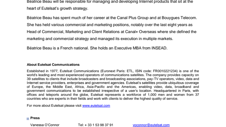 Béatrice Beau joins Eutelsat as Executive Vice President Global Broadband Services