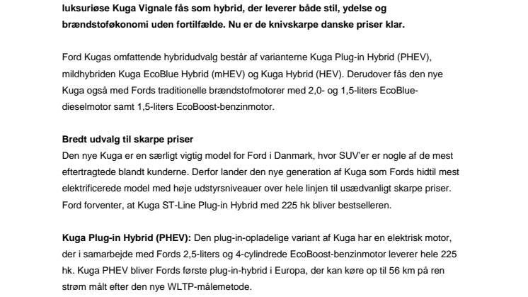 Ny Ford Kuga i bredt hybridudvalg til priser fra 280.090 kroner