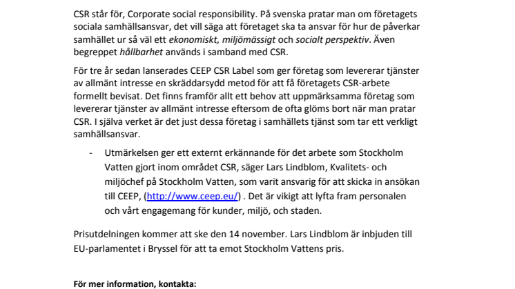 CSR-pris till Stockholm Vatten 