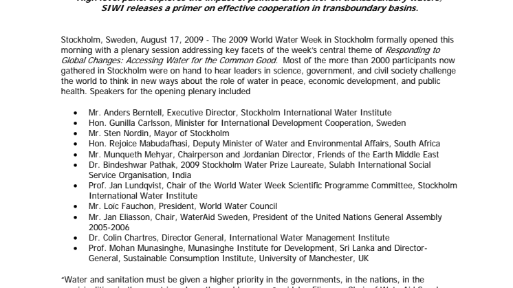World Water Week opens with discussions on water's role in peace, economic development, and public health  