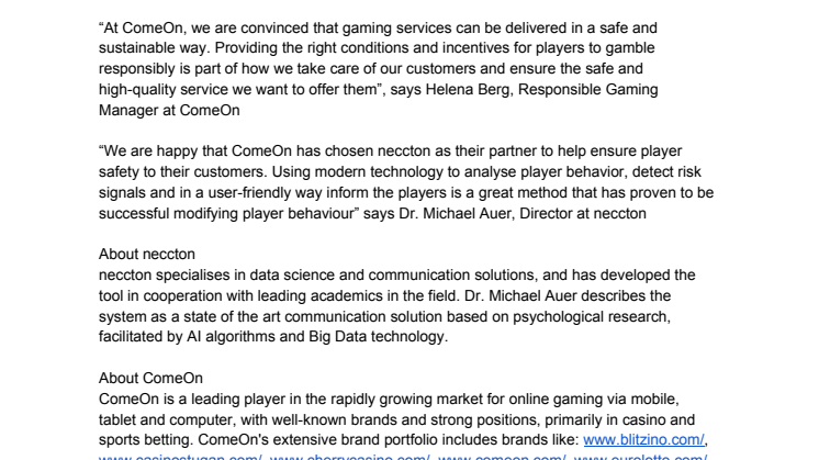 ComeOn partners with neccton to ensure player safety