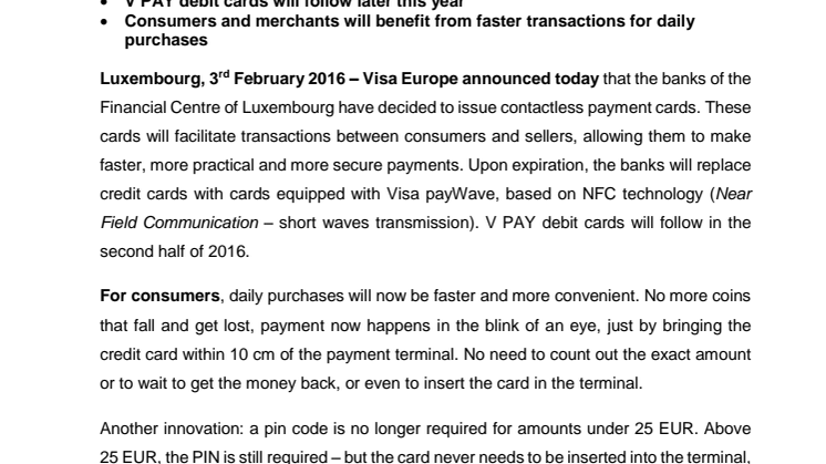 Luxembourg moves to contactless payment cards with Visa Europe