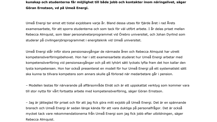  Umeå Energi prisar Årets Examensarbete 2012