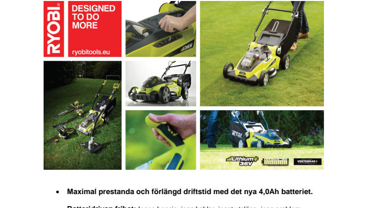 Nya 36 Volts Lithium-ion grässklippare från RYOBI®  