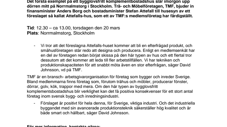 PRESSINBJUDAN: Det första ”Attefallshuset” visas i centrala Stockholm; Attefall och Borg besöker 25 kvm på Norrmalmstorg