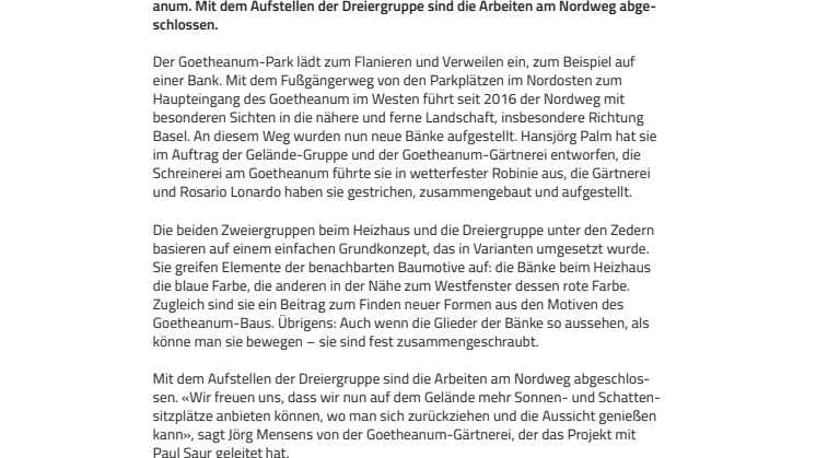 Einladung zum Verweilen. ​Neue Bänke von Hansjörg Palm im Goetheanum-Park