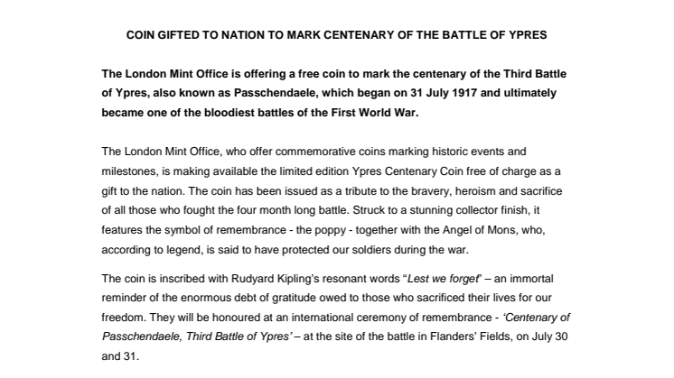 COIN GIFTED TO NATION TO MARK CENTENARY OF THE BATTLE OF YPRES