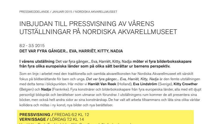 Inbjudan till pressvisning av vårens utställningar på Nordiska Akvarellmuseet