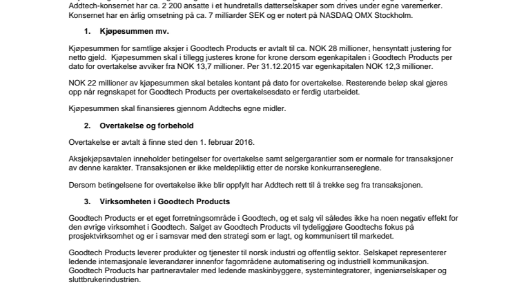 Børsmelding Salg av Goodtech Products