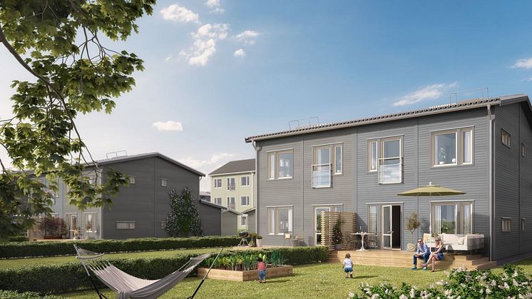 Flera av bostäderna i Brf Ängsblomman byggs som parhus i två plan, med egen uteplats och trädgård.